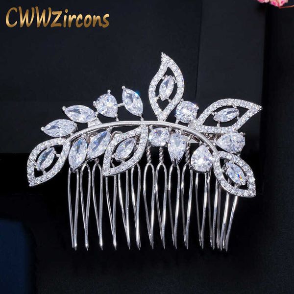elegant leaf flower cubic zirconia crystal wedding hair comb bridal tiara headpiece evening jewelry accessories a013 210714, Slivery;golden